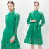 Runway Fashion Exquisite Hollow Out Crochet Lace, Stand Collar, Belted Party, Cocktail, Festive Midi Dress (Green)